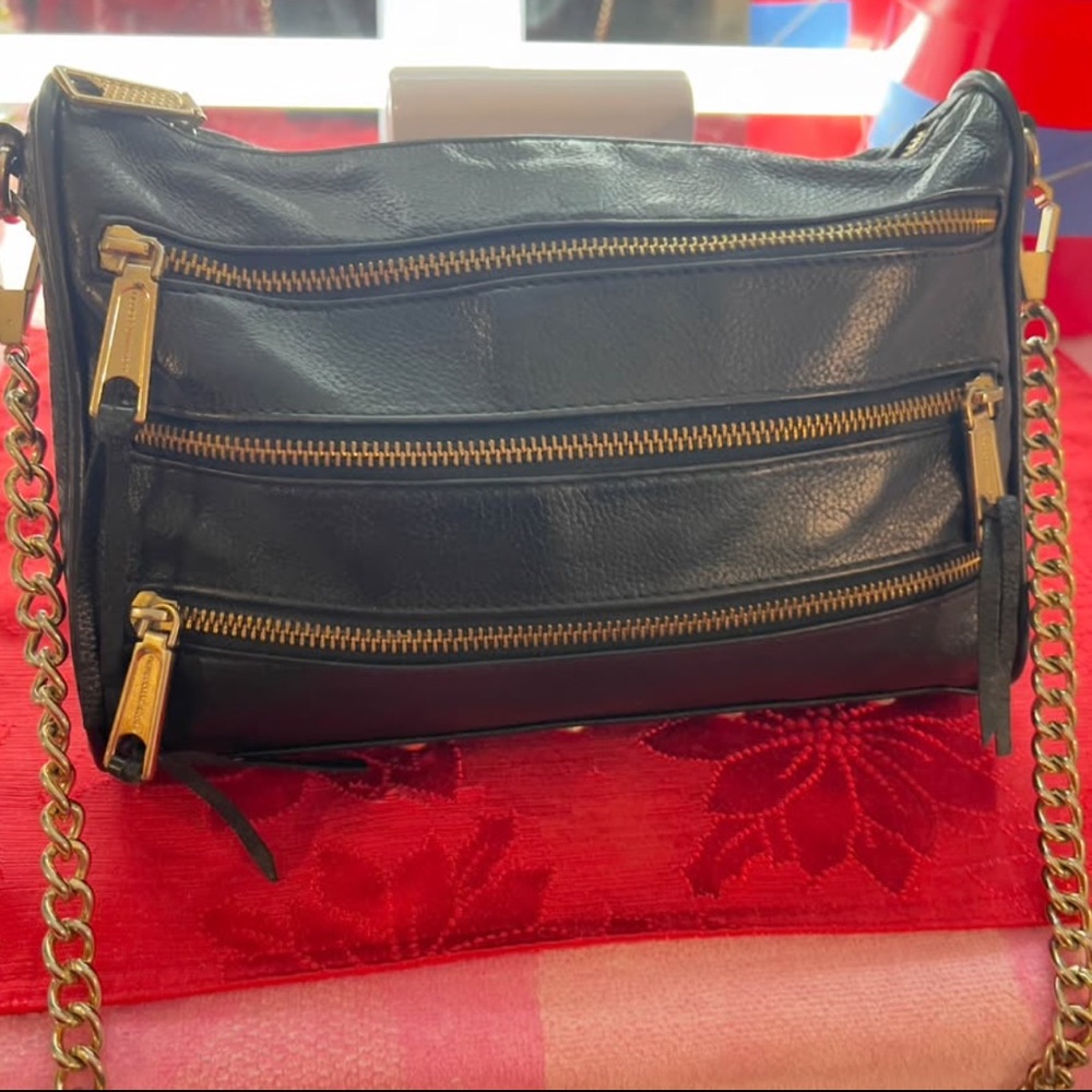 Black Rebecca Minkoff  Leather Crossbody Bag with Gold Zippers